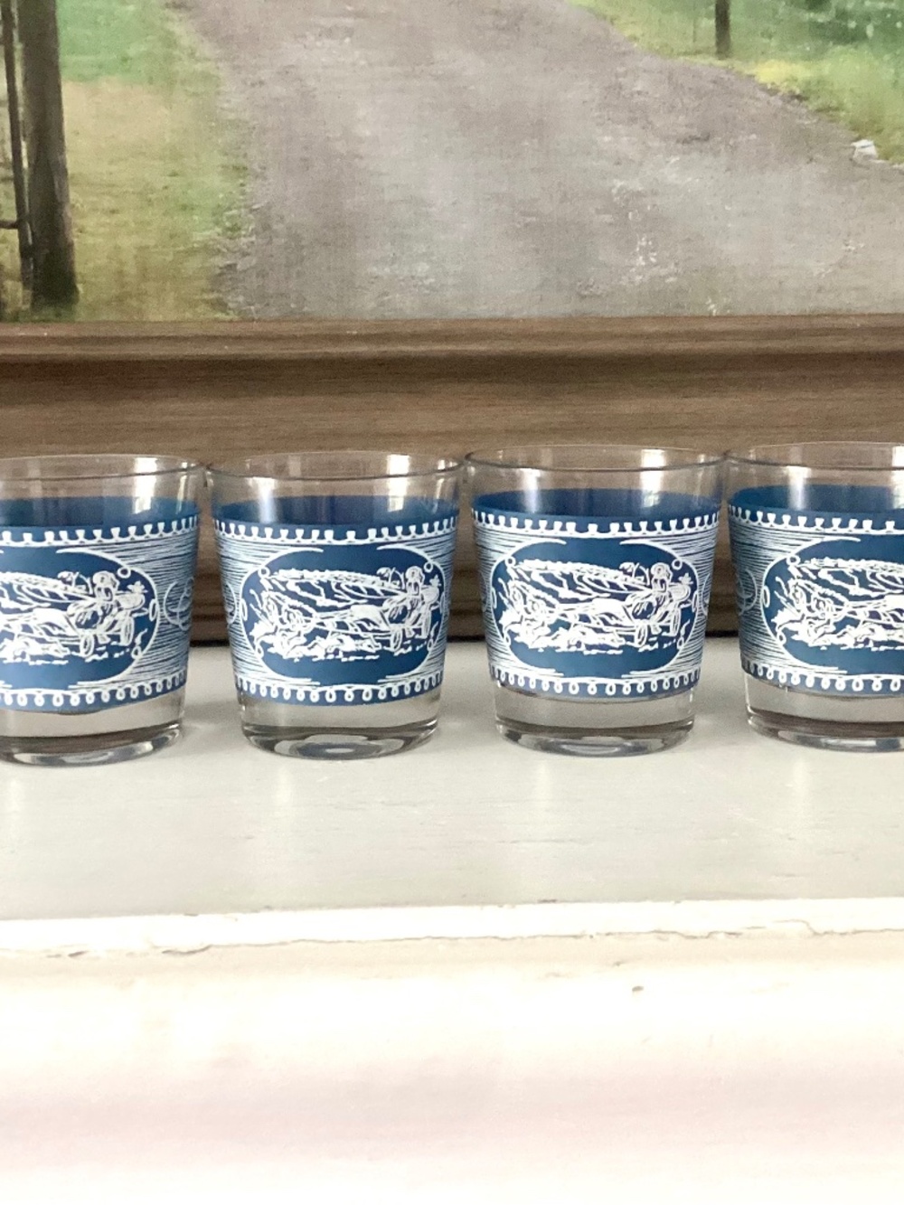 Vintage Set of 4 Currier & Ives Short Glasses carriage Blue White 8 oz USA Made